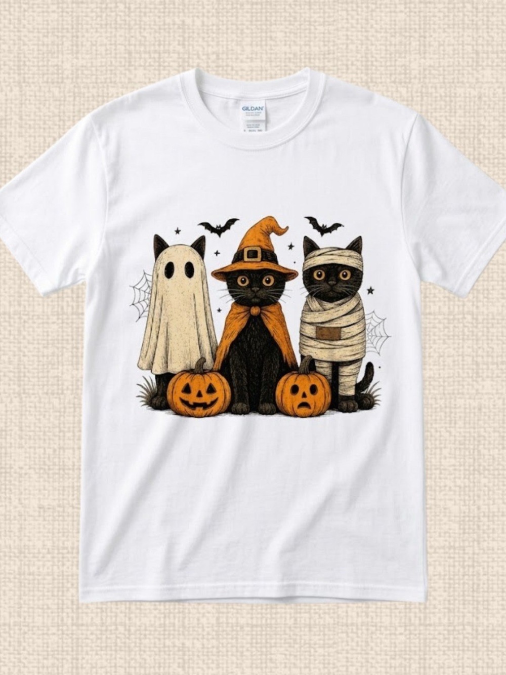 Gildan White Tee with Halloween Cats in Orange & Black